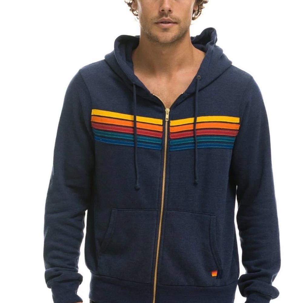 Rare Fleeced Lined Aviator Nation Navy 5 Stripe Hoodie - Picture 2 of 8